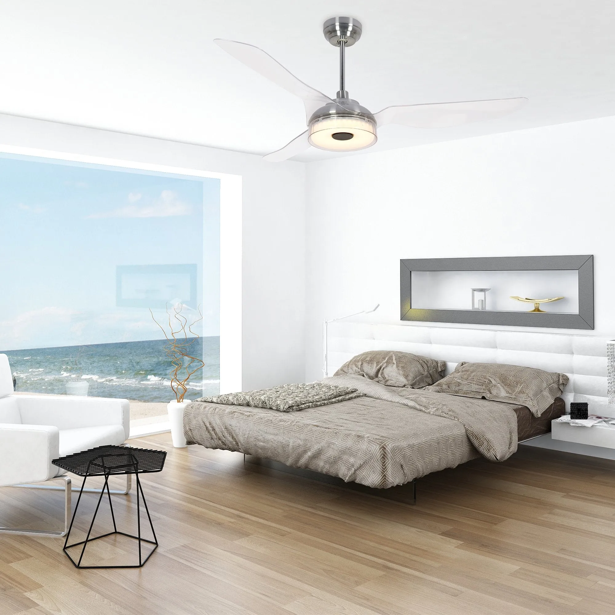 FLETCHER 56 inch 3-Blade Smart Ceiling Fan with LED Light Kit & Remote - Silver/Clear (Set of 2)